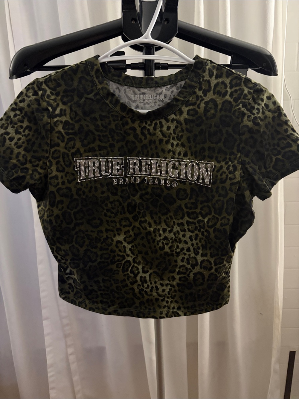 True Religion Olive Leopard Rhinestone Logo Crop Top